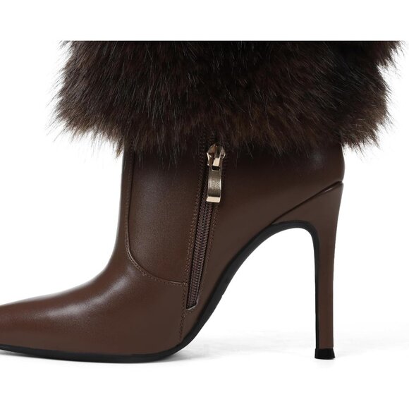 Women's Brown Kalstage Fur Knee High Heeled Wide Calf Party Fashion Boots - Picture 4 of 7